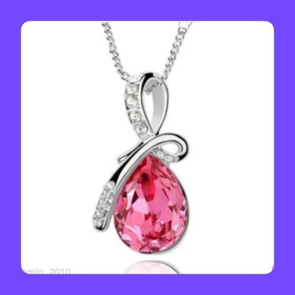 DARK PINK PEAR SHAPED CRYSTAL NECKLACE 18k PL - Picture 1 of 3